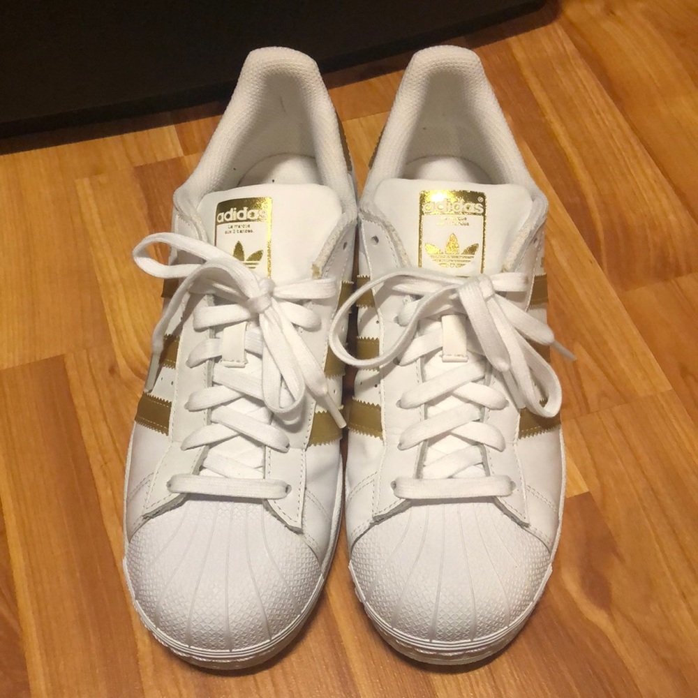 White and Gold Adidas Superstar Sneakers-Size W9